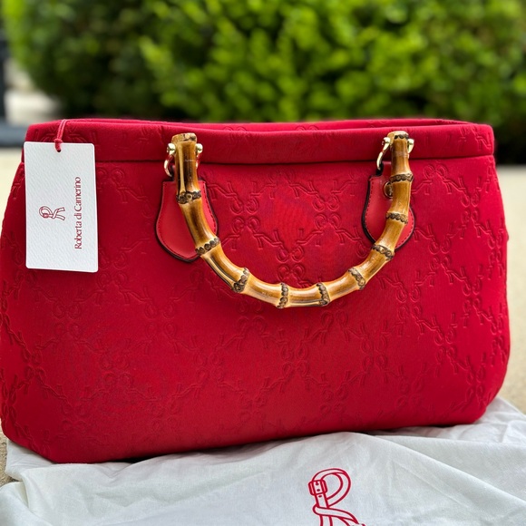 Roberta di Camerino Red Tote with Bamboo Handles Monogram Design - Picture 12 of 16